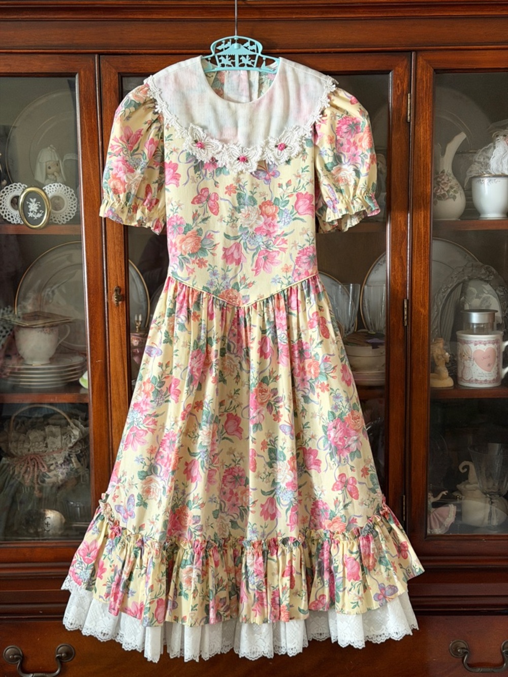 Mini World Vintage Girls' Floral Ruffle Cottage Core Dress in Yellow and Pink